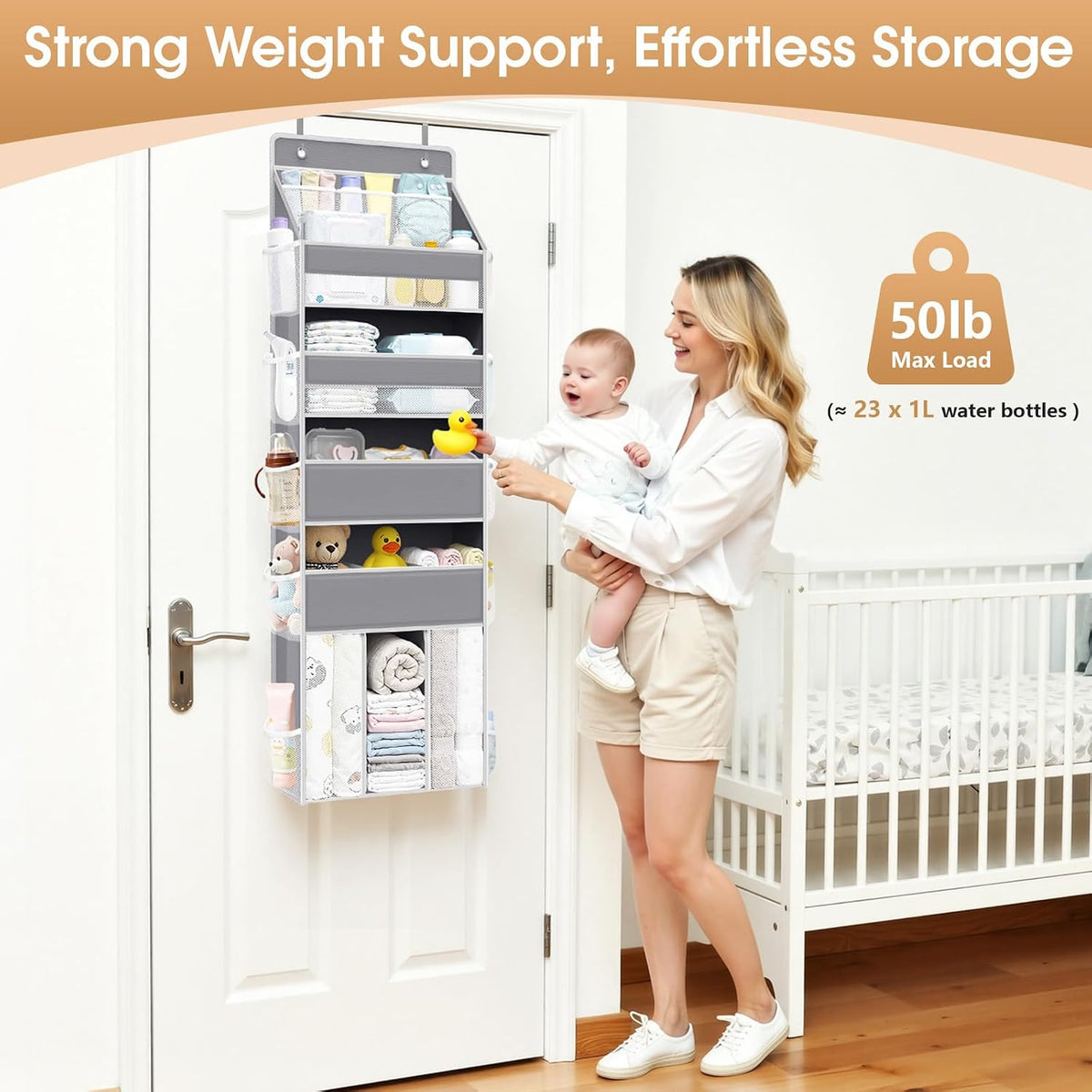 5-Tier Over the Door Organizer for Nursery Hanging, Gray