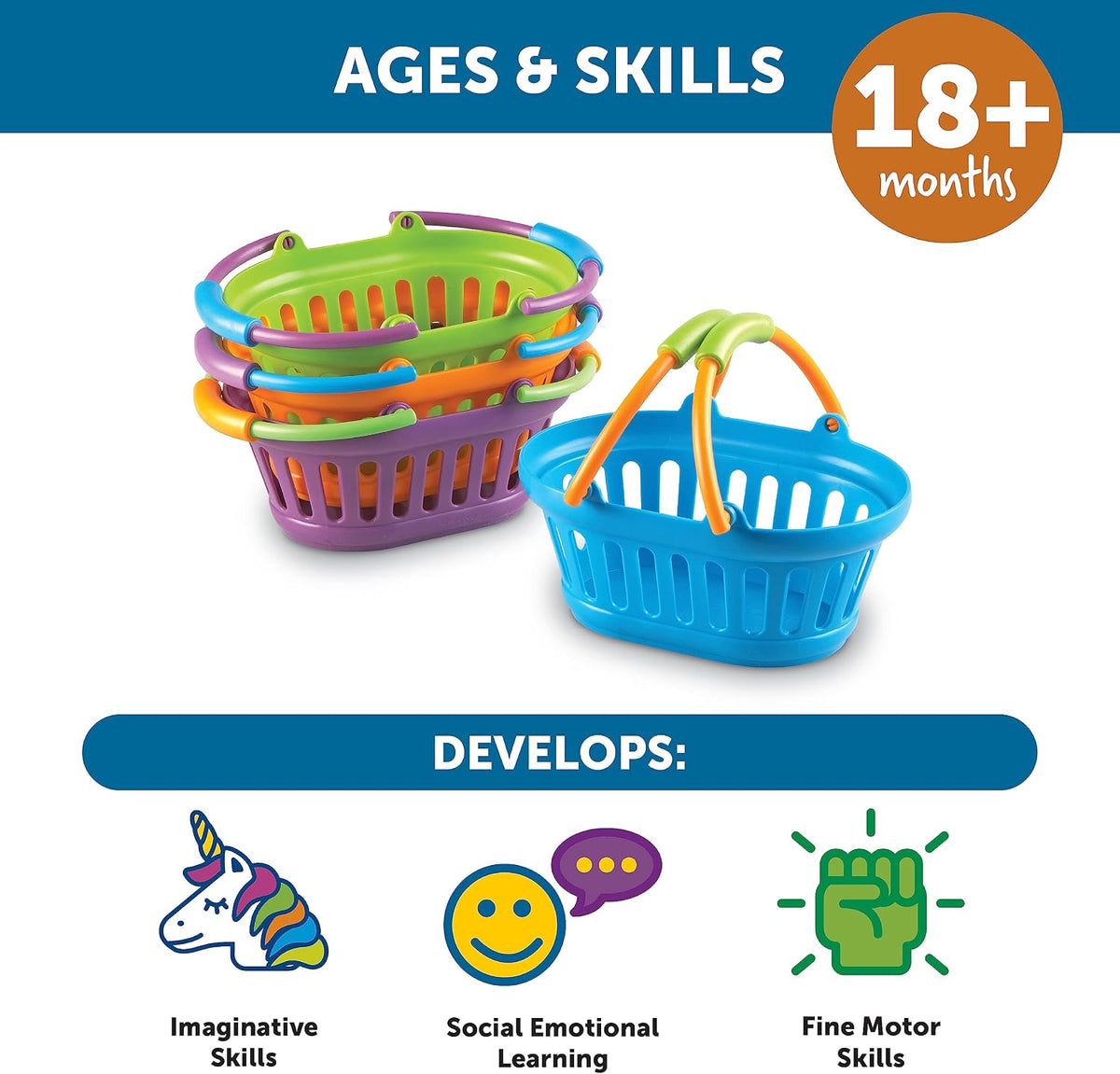 New Sprouts Stack of Baskets - 4 Pieces, Ages 18 mos+ Toddler Pretend Play Toys, Play Grocery Basket, Perfect for Easter Baskets