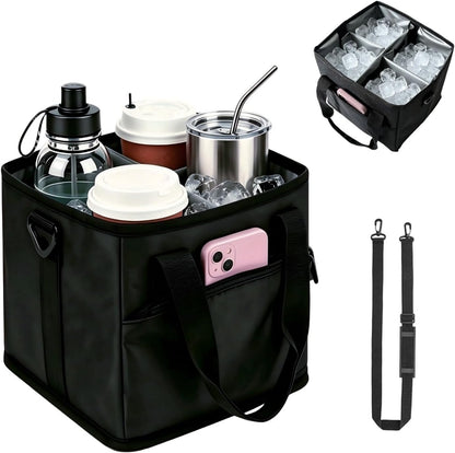 4 Cup Drink Carrier with Insulated Design - Collapsible Beverage Caddy with Adjustable Dividers & Shoulder Strap - Reusable Coffee Holder Tote Bag for Delivery, Travel & Car - No-Spill Drink Holder