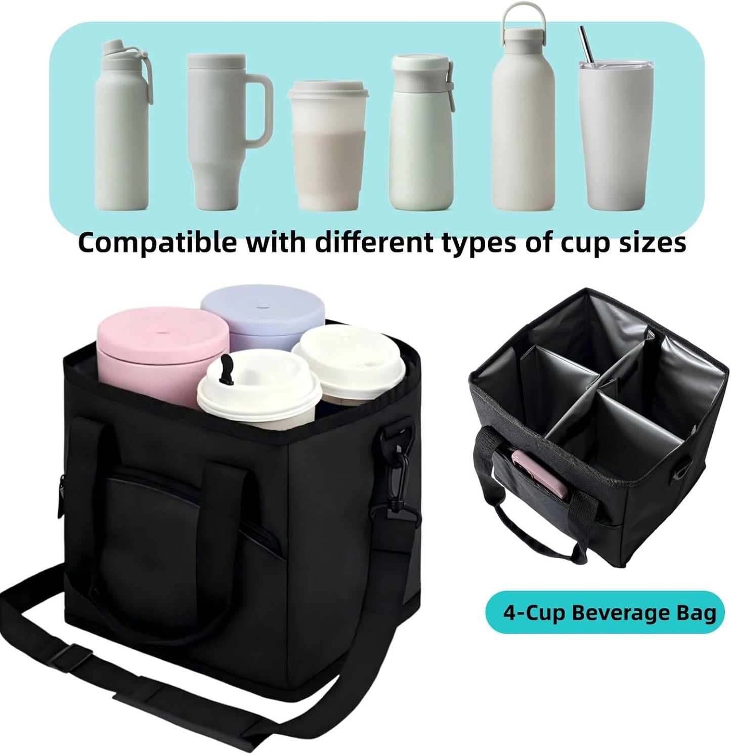 4 Cup Drink Carrier with Insulated Design - Collapsible Beverage Caddy with Adjustable Dividers & Shoulder Strap - Reusable Coffee Holder Tote Bag for Delivery, Travel & Car - No-Spill Drink Holder
