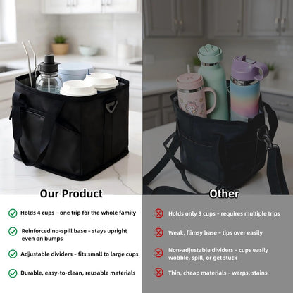 4 Cup Drink Carrier with Insulated Design - Collapsible Beverage Caddy with Adjustable Dividers & Shoulder Strap - Reusable Coffee Holder Tote Bag for Delivery, Travel & Car - No-Spill Drink Holder