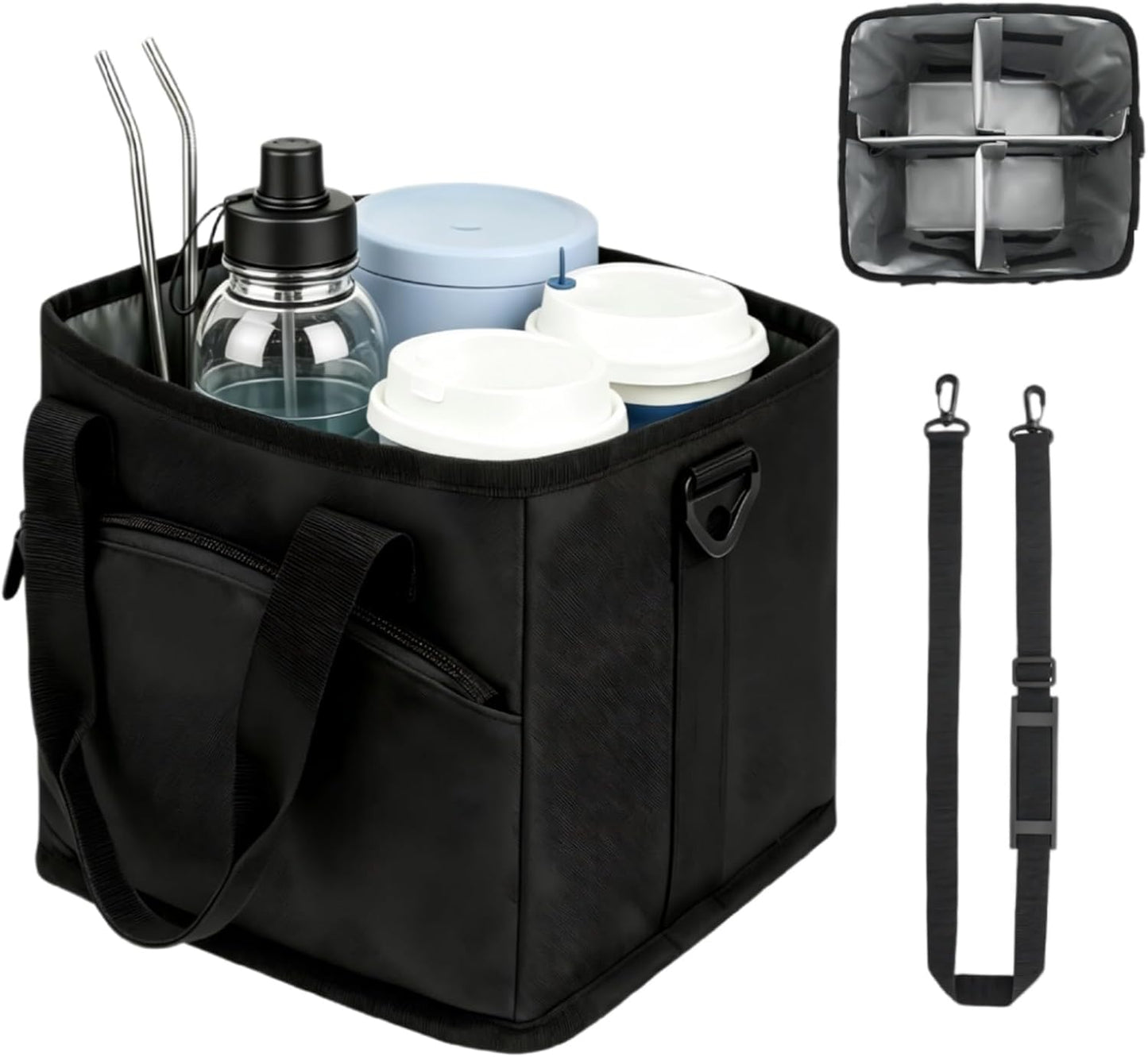 4 Cup Drink Carrier with Insulated Design - Collapsible Beverage Caddy with Adjustable Dividers & Shoulder Strap - Reusable Coffee Holder Tote Bag for Delivery, Travel & Car - No-Spill Drink Holder