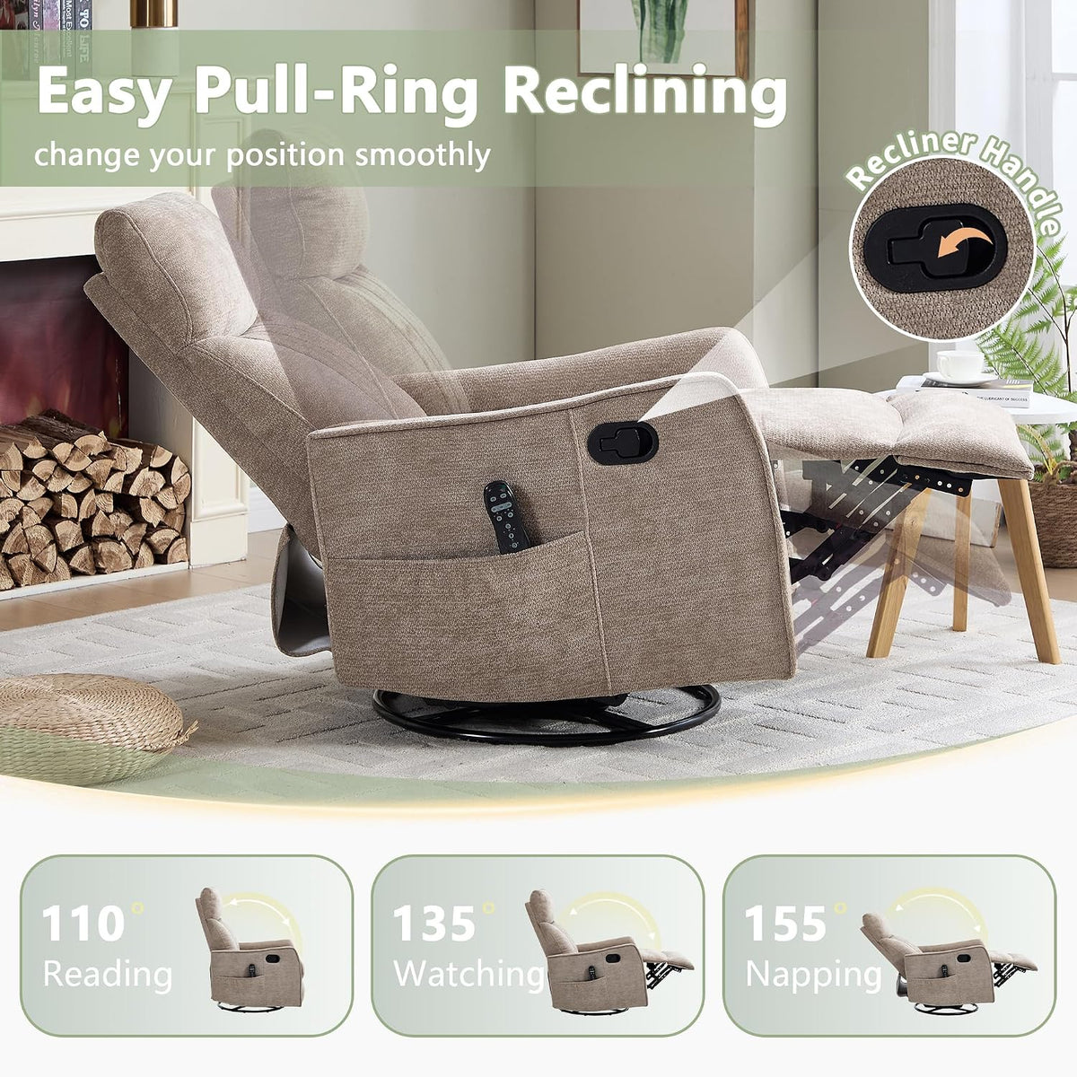 Small Swivel Rocker Recliner Glider Chair for Nursery Living Room