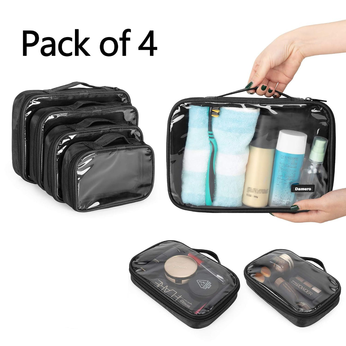 4pcs Clear Toiletry Bag Packing Cubes, Black