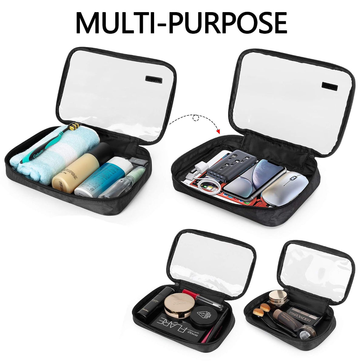 4pcs Clear Toiletry Bag Packing Cubes, Black