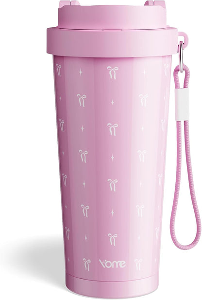 YOME 17oz Elegant Purple Bow Ceramic Lined Insulated Coffee Mug with Infuser for Women| One-handed Pop Open Lid | Stainless Steel |Keep Drinks Cold and Hot| 100% Leak Proof