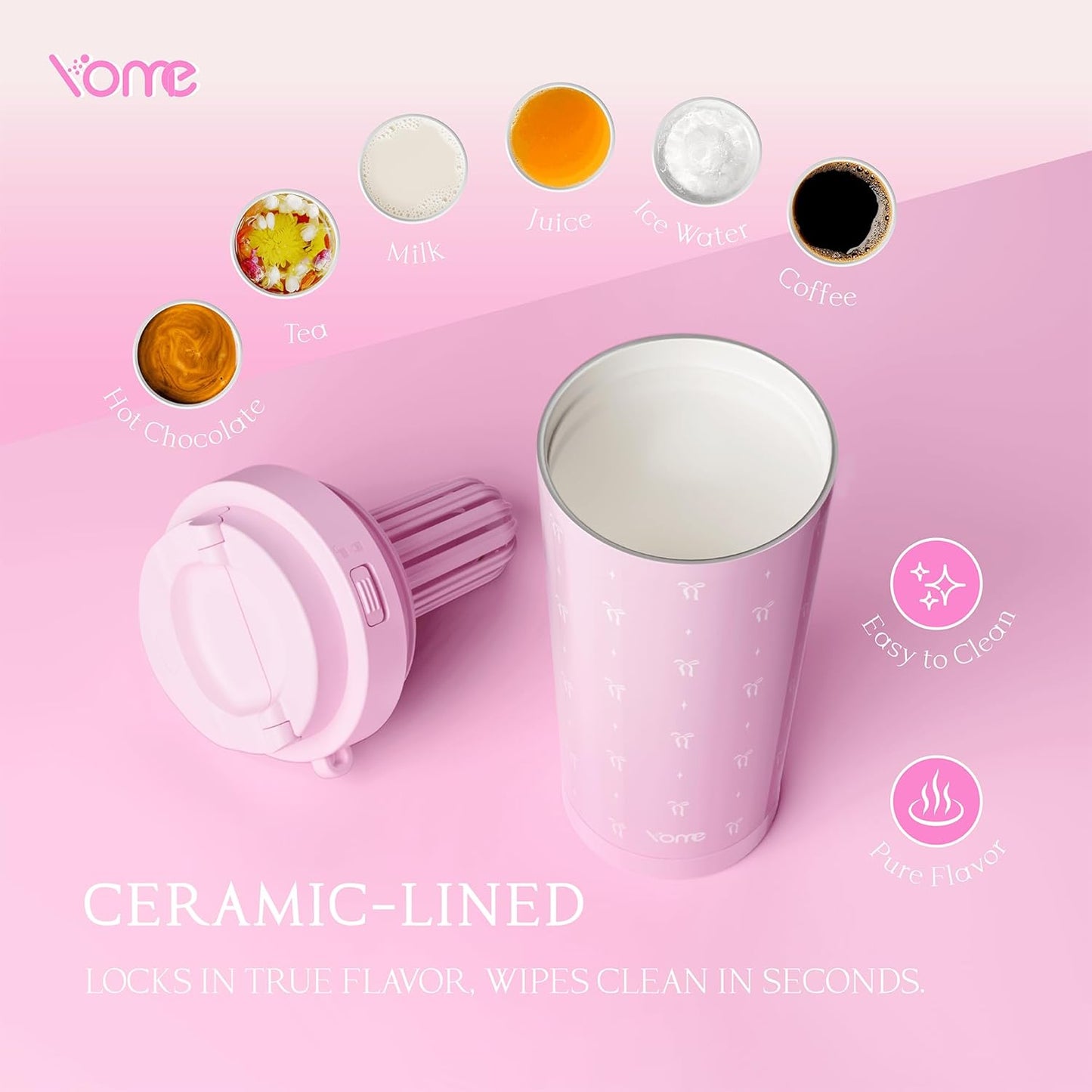 YOME 17oz Elegant Purple Bow Ceramic Lined Insulated Coffee Mug with Infuser for Women| One-handed Pop Open Lid | Stainless Steel |Keep Drinks Cold and Hot| 100% Leak Proof