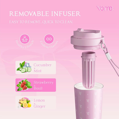 YOME 17oz Elegant Purple Bow Ceramic Lined Insulated Coffee Mug with Infuser for Women| One-handed Pop Open Lid | Stainless Steel |Keep Drinks Cold and Hot| 100% Leak Proof