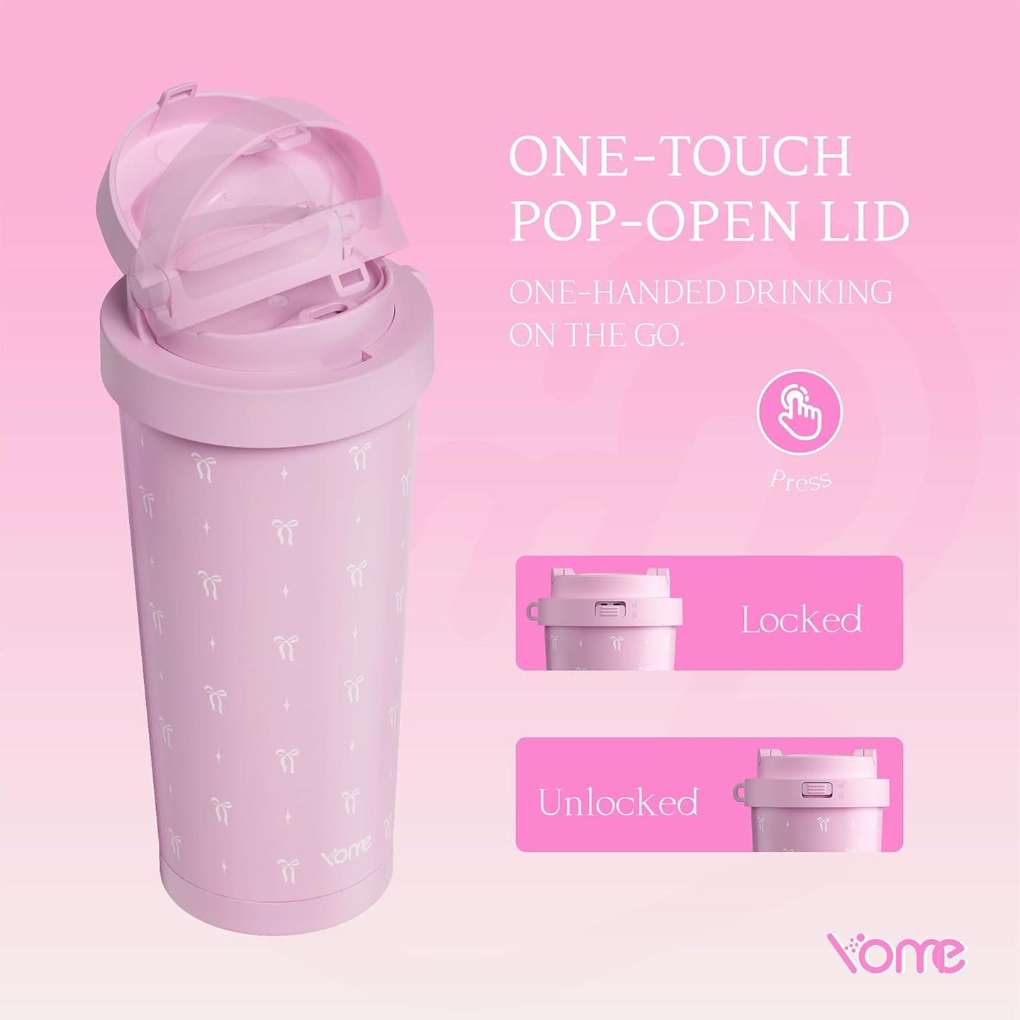 YOME 17oz Elegant Purple Bow Ceramic Lined Insulated Coffee Mug with Infuser for Women| One-handed Pop Open Lid | Stainless Steel |Keep Drinks Cold and Hot| 100% Leak Proof