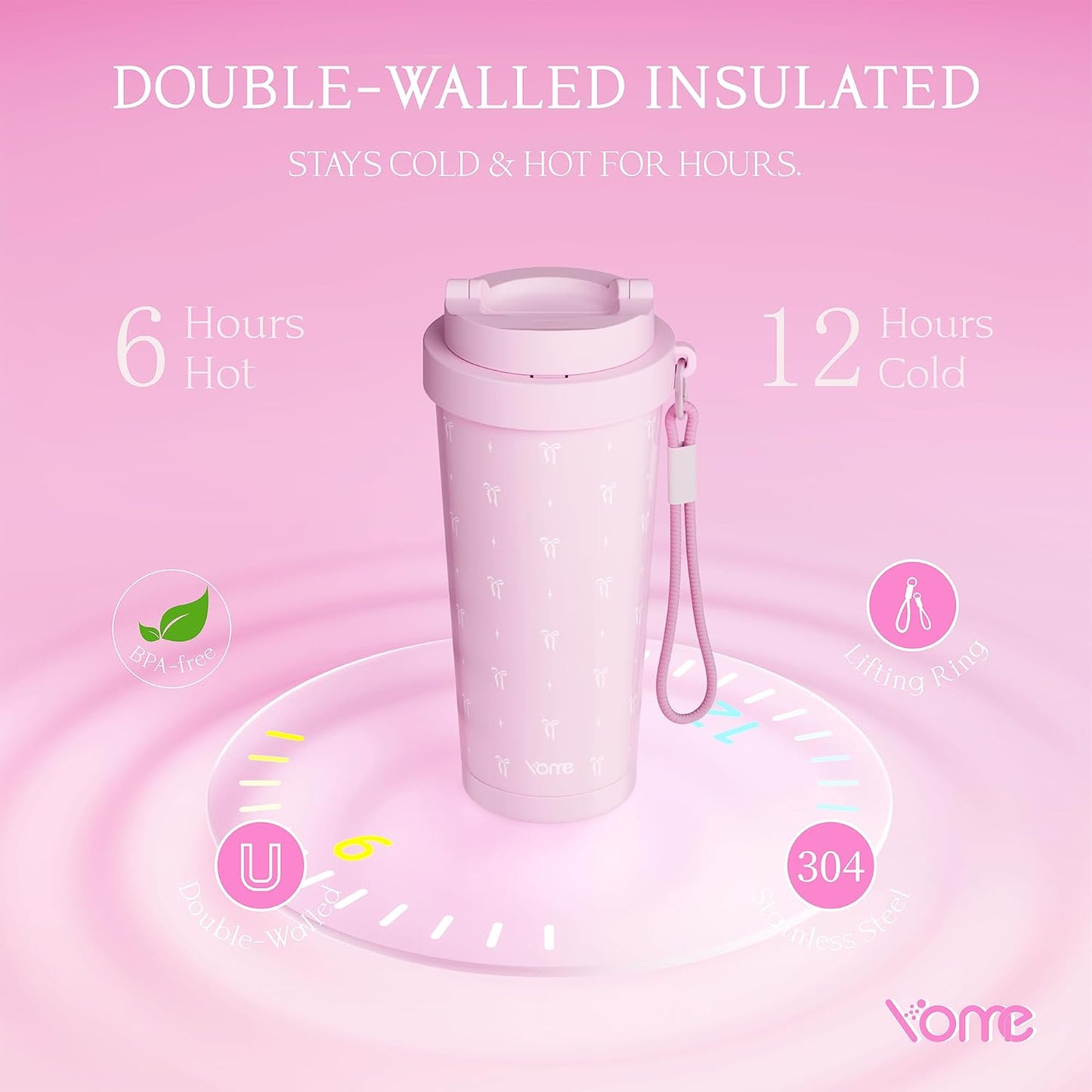 YOME 17oz Elegant Purple Bow Ceramic Lined Insulated Coffee Mug with Infuser for Women| One-handed Pop Open Lid | Stainless Steel |Keep Drinks Cold and Hot| 100% Leak Proof