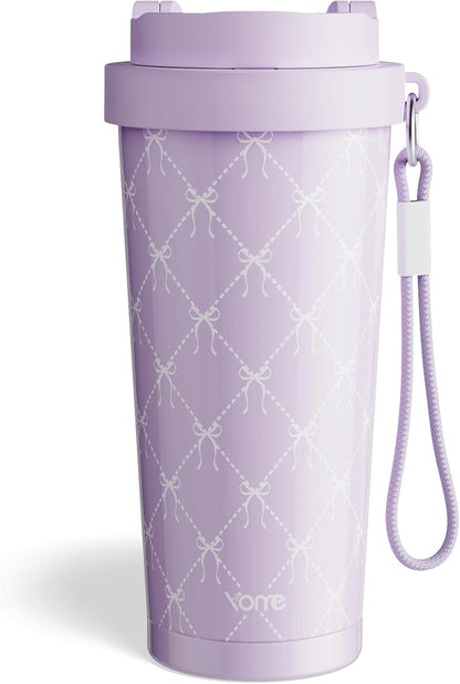 YOME 17oz Elegant Purple Bow Ceramic Lined Insulated Coffee Mug with Infuser for Women| One-handed Pop Open Lid | Stainless Steel |Keep Drinks Cold and Hot| 100% Leak Proof
