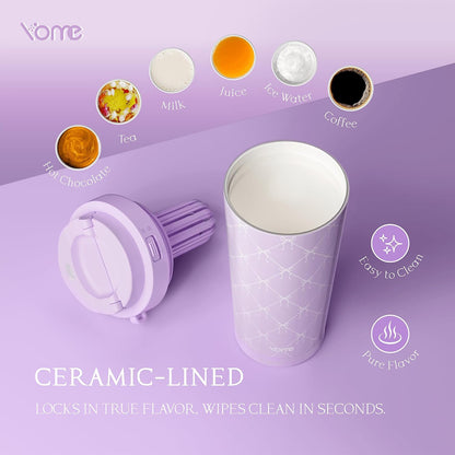 YOME 17oz Elegant Purple Bow Ceramic Lined Insulated Coffee Mug with Infuser for Women| One-handed Pop Open Lid | Stainless Steel |Keep Drinks Cold and Hot| 100% Leak Proof