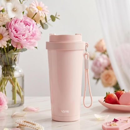YOME 17oz Elegant Purple Bow Ceramic Lined Insulated Coffee Mug with Infuser for Women| One-handed Pop Open Lid | Stainless Steel |Keep Drinks Cold and Hot| 100% Leak Proof