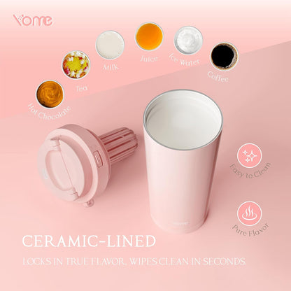 YOME 17oz Elegant Purple Bow Ceramic Lined Insulated Coffee Mug with Infuser for Women| One-handed Pop Open Lid | Stainless Steel |Keep Drinks Cold and Hot| 100% Leak Proof