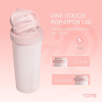 YOME 17oz Elegant Purple Bow Ceramic Lined Insulated Coffee Mug with Infuser for Women| One-handed Pop Open Lid | Stainless Steel |Keep Drinks Cold and Hot| 100% Leak Proof