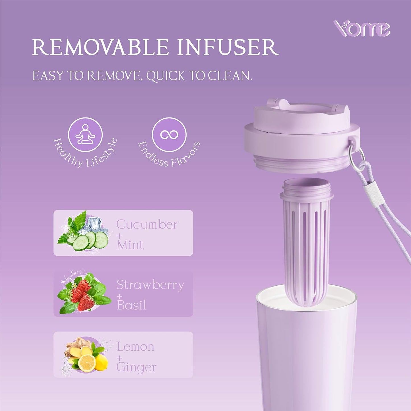 YOME 17oz Elegant Purple Bow Ceramic Lined Insulated Coffee Mug with Infuser for Women| One-handed Pop Open Lid | Stainless Steel |Keep Drinks Cold and Hot| 100% Leak Proof