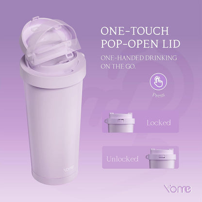 YOME 17oz Elegant Purple Bow Ceramic Lined Insulated Coffee Mug with Infuser for Women| One-handed Pop Open Lid | Stainless Steel |Keep Drinks Cold and Hot| 100% Leak Proof