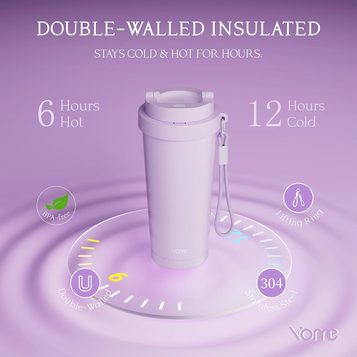 YOME 17oz Elegant Purple Bow Ceramic Lined Insulated Coffee Mug with Infuser for Women| One-handed Pop Open Lid | Stainless Steel |Keep Drinks Cold and Hot| 100% Leak Proof