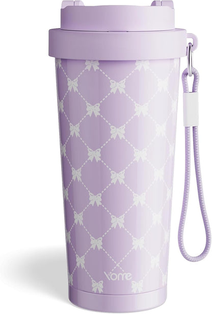 YOME 17oz Elegant Purple Bow Ceramic Lined Insulated Coffee Mug with Infuser for Women| One-handed Pop Open Lid | Stainless Steel |Keep Drinks Cold and Hot| 100% Leak Proof