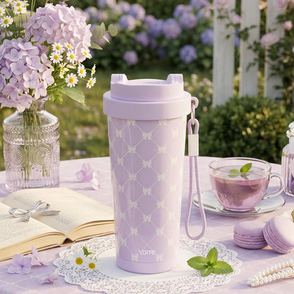 YOME 17oz Elegant Purple Bow Ceramic Lined Insulated Coffee Mug with Infuser for Women| One-handed Pop Open Lid | Stainless Steel |Keep Drinks Cold and Hot| 100% Leak Proof