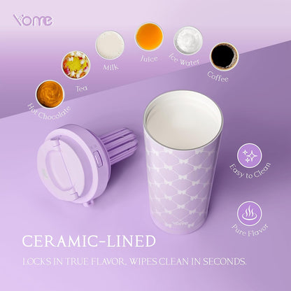 YOME 17oz Elegant Purple Bow Ceramic Lined Insulated Coffee Mug with Infuser for Women| One-handed Pop Open Lid | Stainless Steel |Keep Drinks Cold and Hot| 100% Leak Proof