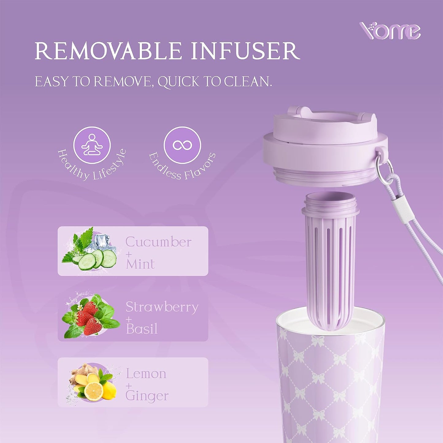 YOME 17oz Elegant Purple Bow Ceramic Lined Insulated Coffee Mug with Infuser for Women| One-handed Pop Open Lid | Stainless Steel |Keep Drinks Cold and Hot| 100% Leak Proof