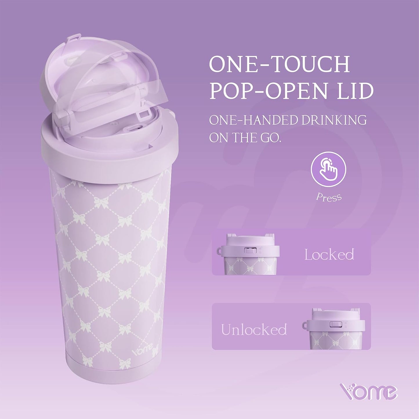 YOME 17oz Elegant Purple Bow Ceramic Lined Insulated Coffee Mug with Infuser for Women| One-handed Pop Open Lid | Stainless Steel |Keep Drinks Cold and Hot| 100% Leak Proof