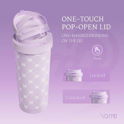 YOME 17oz Elegant Purple Bow Ceramic Lined Insulated Coffee Mug with Infuser for Women| One-handed Pop Open Lid | Stainless Steel |Keep Drinks Cold and Hot| 100% Leak Proof
