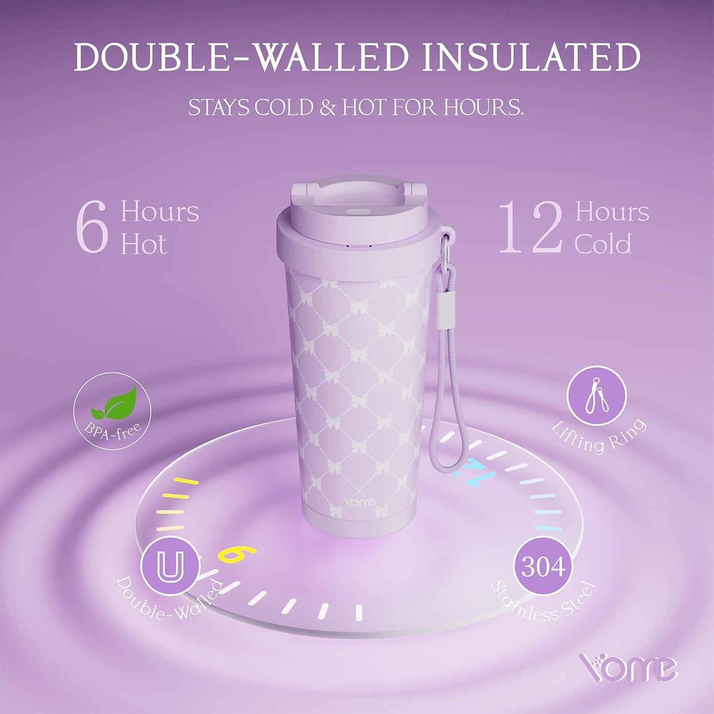 YOME 17oz Elegant Purple Bow Ceramic Lined Insulated Coffee Mug with Infuser for Women| One-handed Pop Open Lid | Stainless Steel |Keep Drinks Cold and Hot| 100% Leak Proof