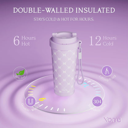 YOME 17oz Elegant Purple Bow Ceramic Lined Insulated Coffee Mug with Infuser for Women| One-handed Pop Open Lid | Stainless Steel |Keep Drinks Cold and Hot| 100% Leak Proof