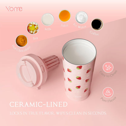 YOME 17oz Elegant Purple Bow Ceramic Lined Insulated Coffee Mug with Infuser for Women| One-handed Pop Open Lid | Stainless Steel |Keep Drinks Cold and Hot| 100% Leak Proof