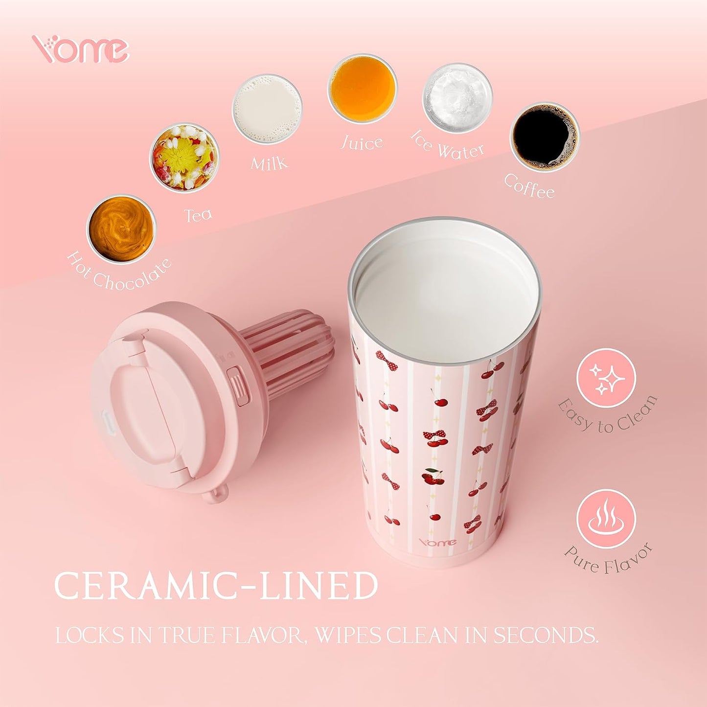 YOME 17oz Elegant Purple Bow Ceramic Lined Insulated Coffee Mug with Infuser for Women| One-handed Pop Open Lid | Stainless Steel |Keep Drinks Cold and Hot| 100% Leak Proof