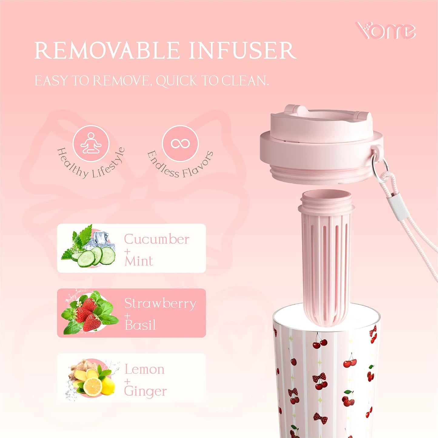 YOME 17oz Elegant Purple Bow Ceramic Lined Insulated Coffee Mug with Infuser for Women| One-handed Pop Open Lid | Stainless Steel |Keep Drinks Cold and Hot| 100% Leak Proof