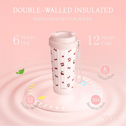 YOME 17oz Elegant Purple Bow Ceramic Lined Insulated Coffee Mug with Infuser for Women| One-handed Pop Open Lid | Stainless Steel |Keep Drinks Cold and Hot| 100% Leak Proof
