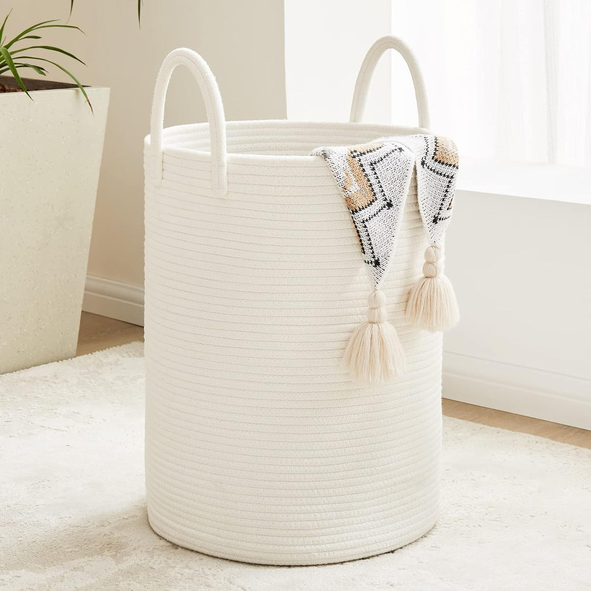 Woven Laundry Hamper, 72L Tall Blanket Storage-White