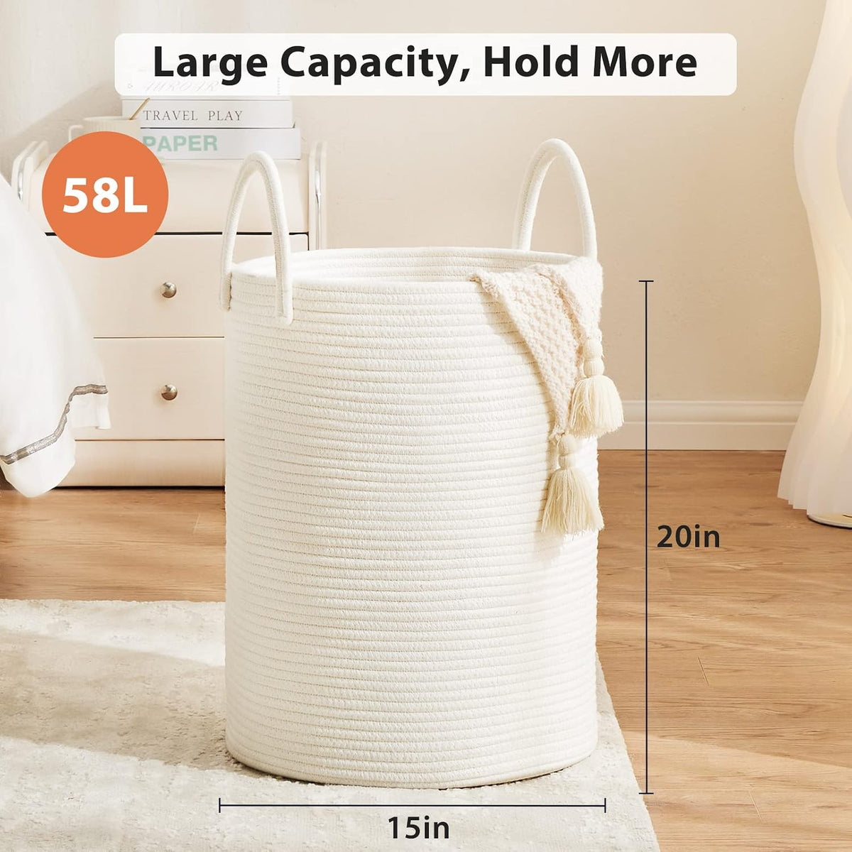 Woven Laundry Hamper, 72L Tall Blanket Storage-White