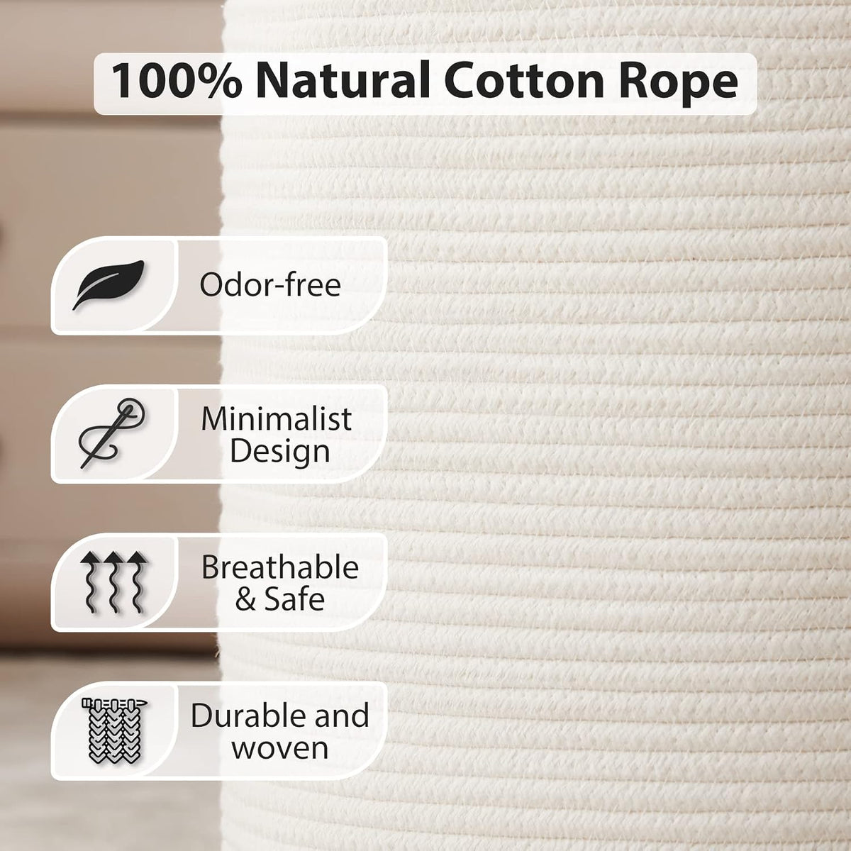 Woven Laundry Hamper, 72L Tall Blanket Storage-White