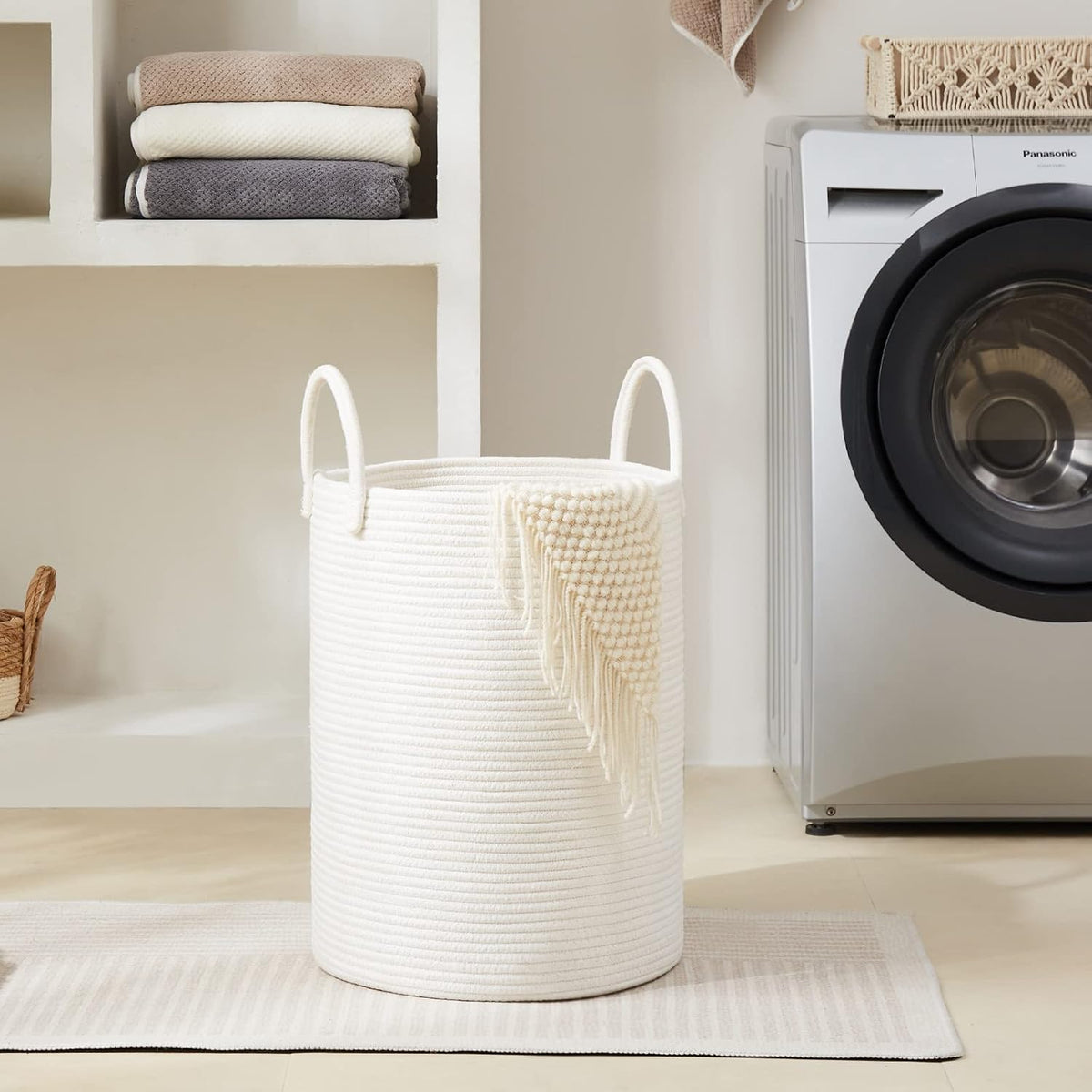 Woven Laundry Hamper, 72L Tall Blanket Storage-White