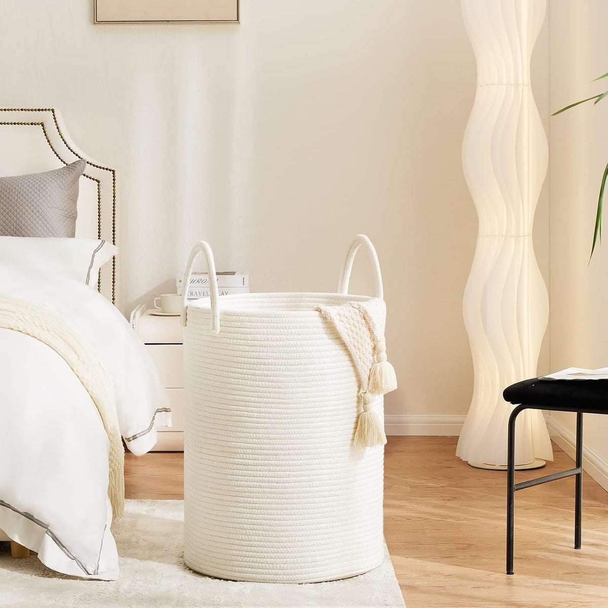 Woven Laundry Hamper, 72L Tall Blanket Storage-White