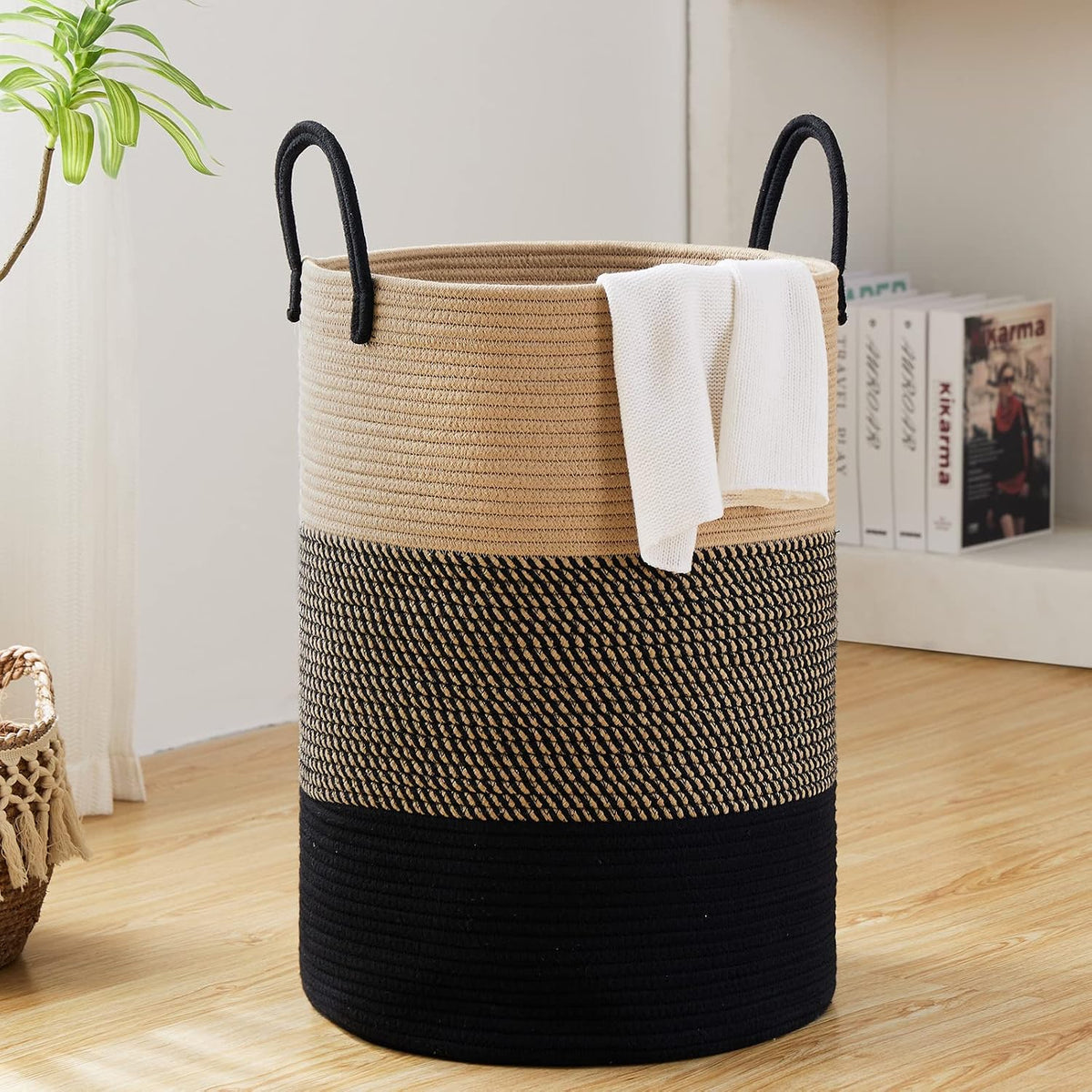 Woven Laundry Hamper, 72L Tall Blanket Storage-White