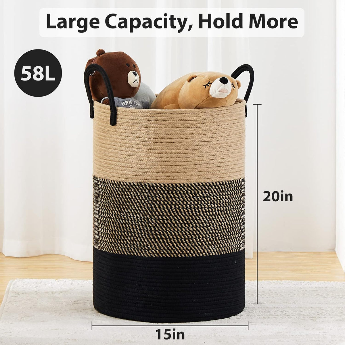 Woven Laundry Hamper, 72L Tall Blanket Storage-White