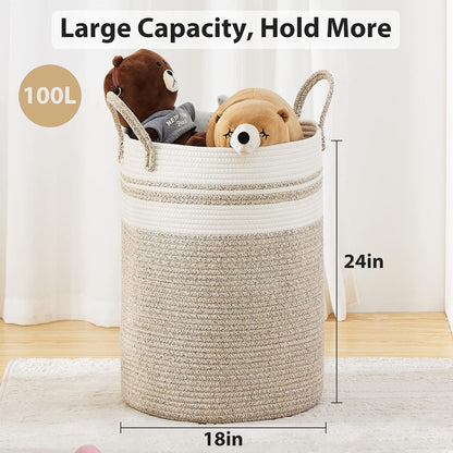 Woven Laundry Hamper, 72L Tall Blanket Storage-White