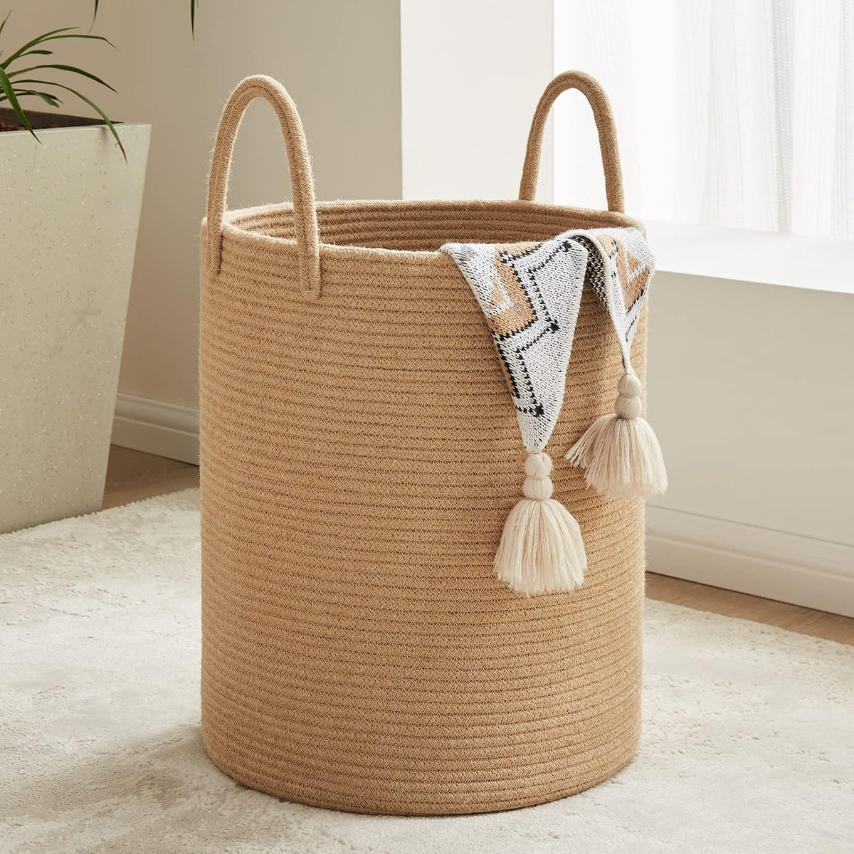 Woven Laundry Hamper, 72L Tall Blanket Storage-White