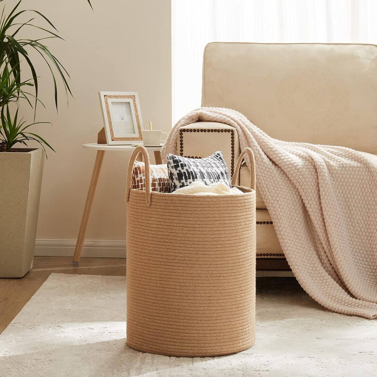Woven Laundry Hamper, 72L Tall Blanket Storage-White