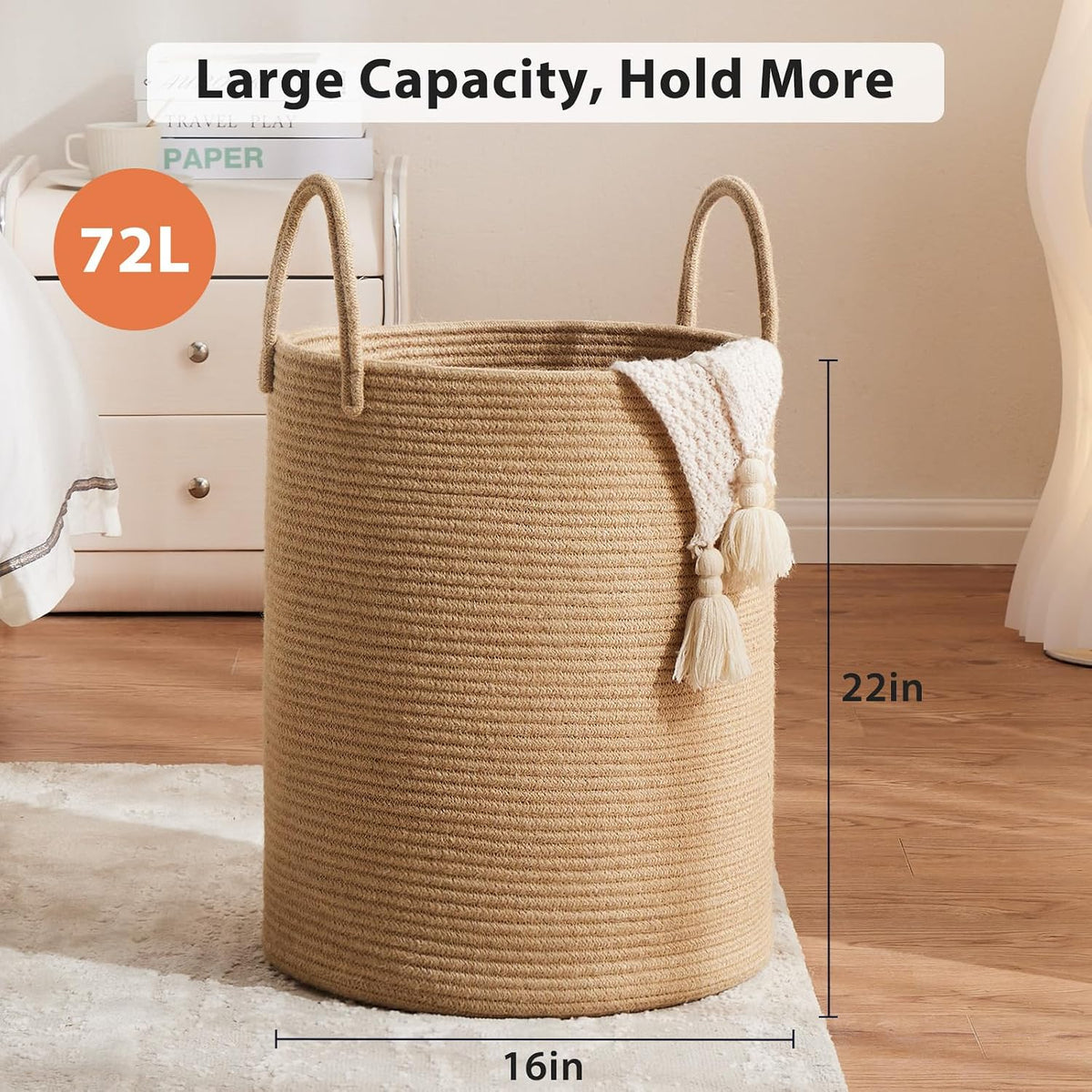 Woven Laundry Hamper, 72L Tall Blanket Storage-White