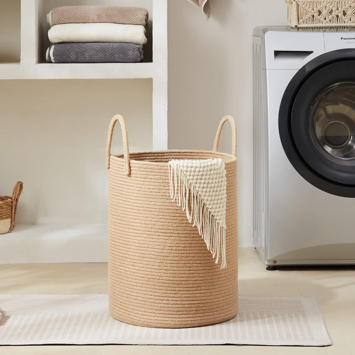 Woven Laundry Hamper, 72L Tall Blanket Storage-White