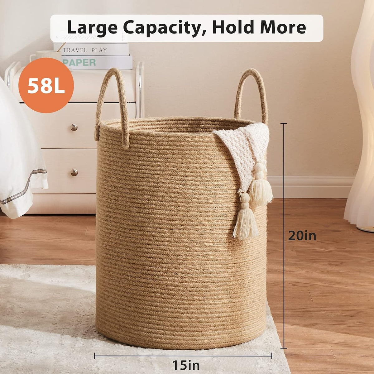Woven Laundry Hamper, 72L Tall Blanket Storage-White