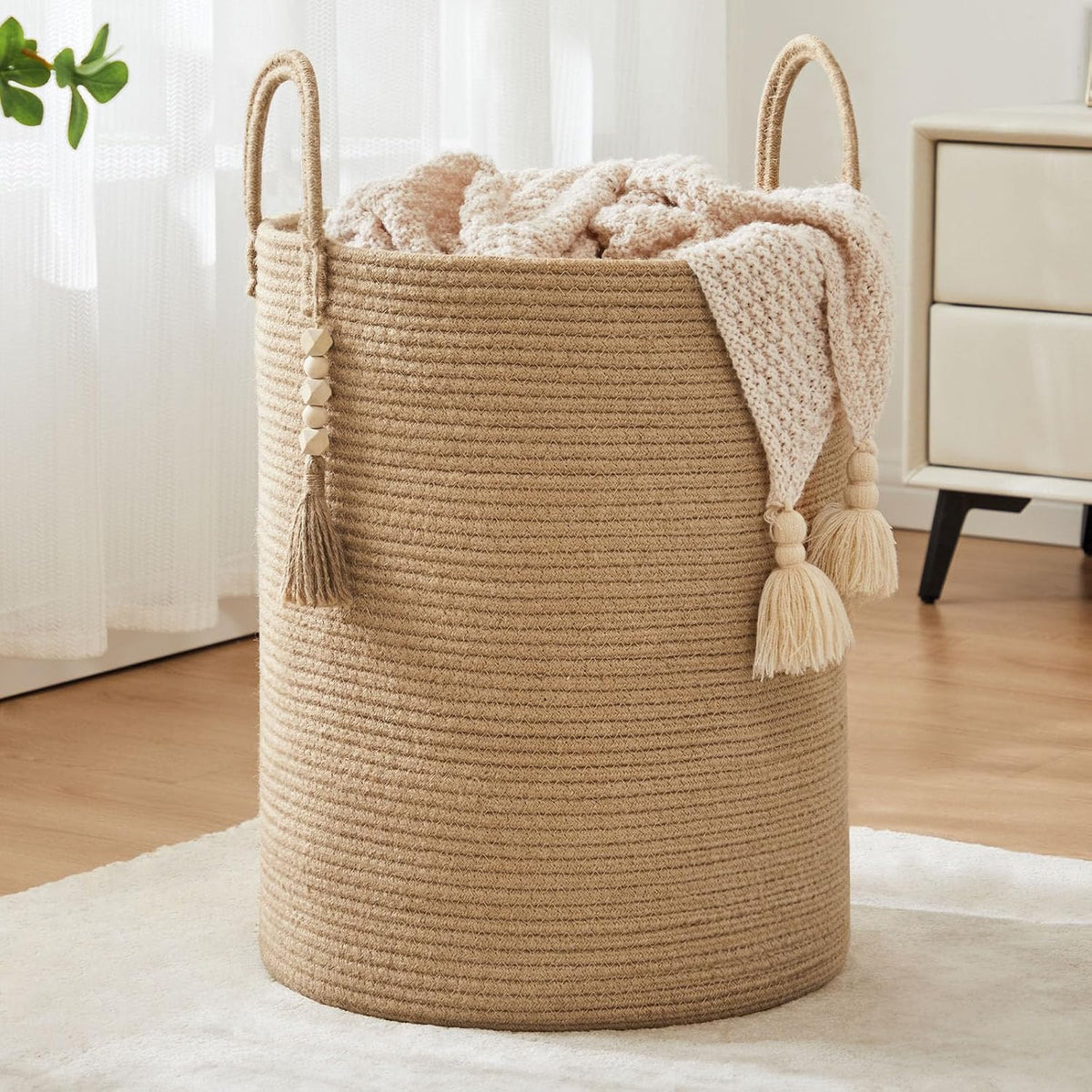 Woven Laundry Hamper, 72L Tall Blanket Storage-White