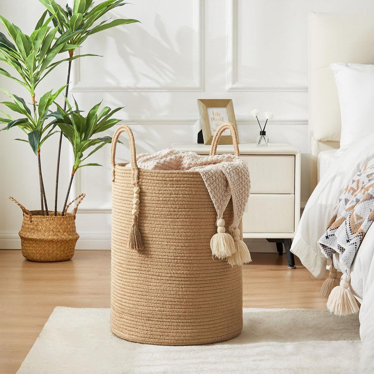 Woven Laundry Hamper, 72L Tall Blanket Storage-White