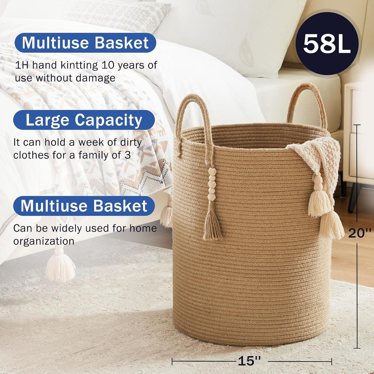 Woven Laundry Hamper, 72L Tall Blanket Storage-White